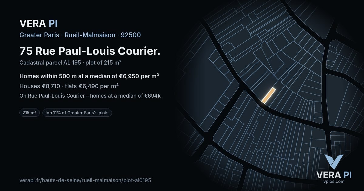75 Rue Paul-Louis Courier, Rueil-Malmaison at night – the plot lit, the parcels around coloured by the prices near them