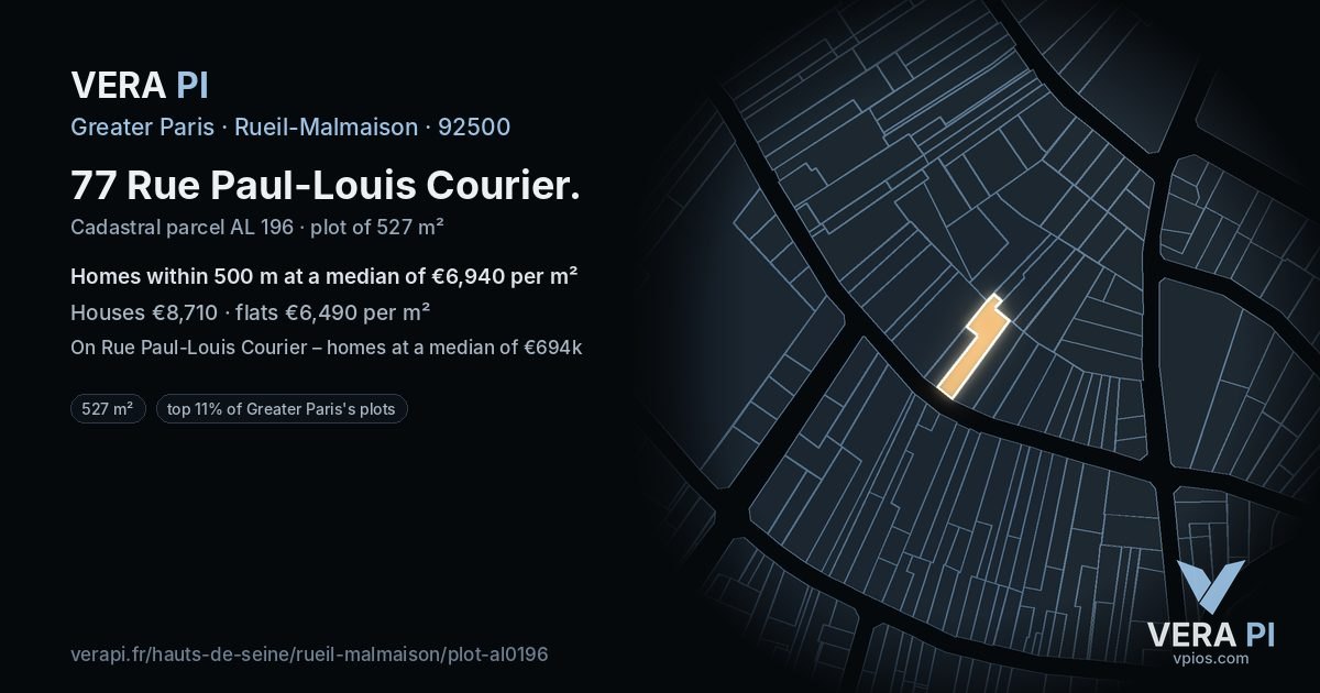 77 Rue Paul-Louis Courier, Rueil-Malmaison at night – the plot lit, the parcels around coloured by the prices near them