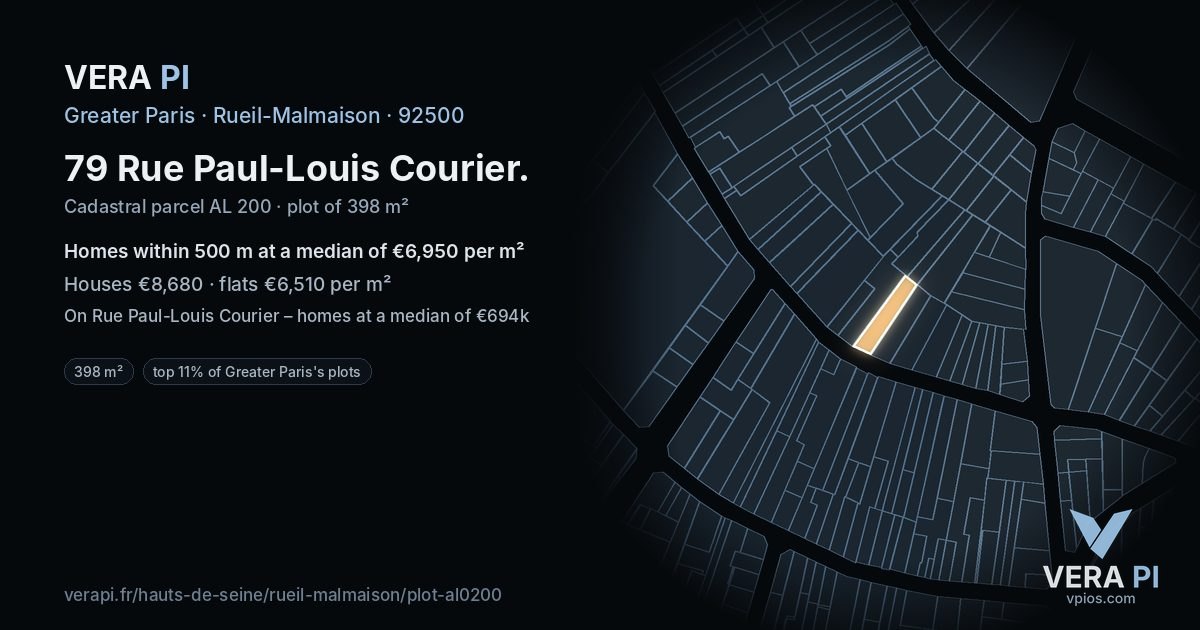 79 Rue Paul-Louis Courier, Rueil-Malmaison at night – the plot lit, the parcels around coloured by the prices near them