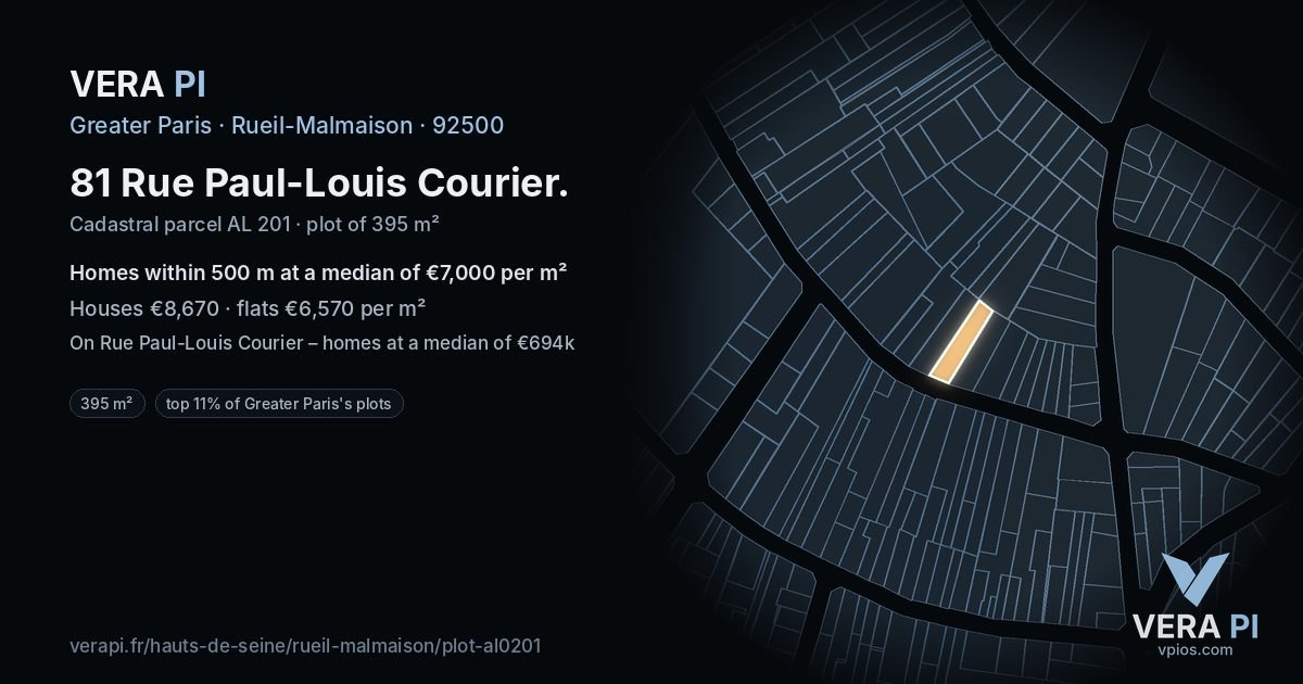 81 Rue Paul-Louis Courier, Rueil-Malmaison at night – the plot lit, the parcels around coloured by the prices near them