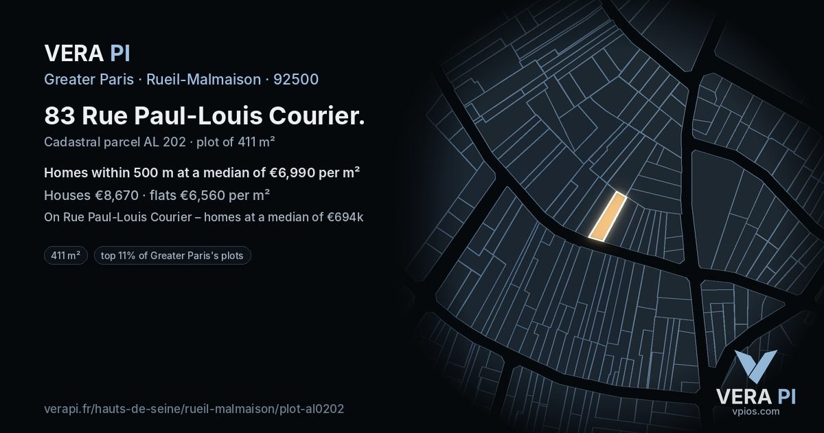 83 Rue Paul-Louis Courier, Rueil-Malmaison at night – the plot lit, the parcels around coloured by the prices near them