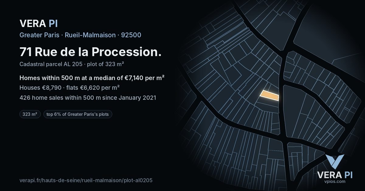 71 Rue de la Procession, Rueil-Malmaison at night – the plot lit, the parcels around coloured by the prices near them