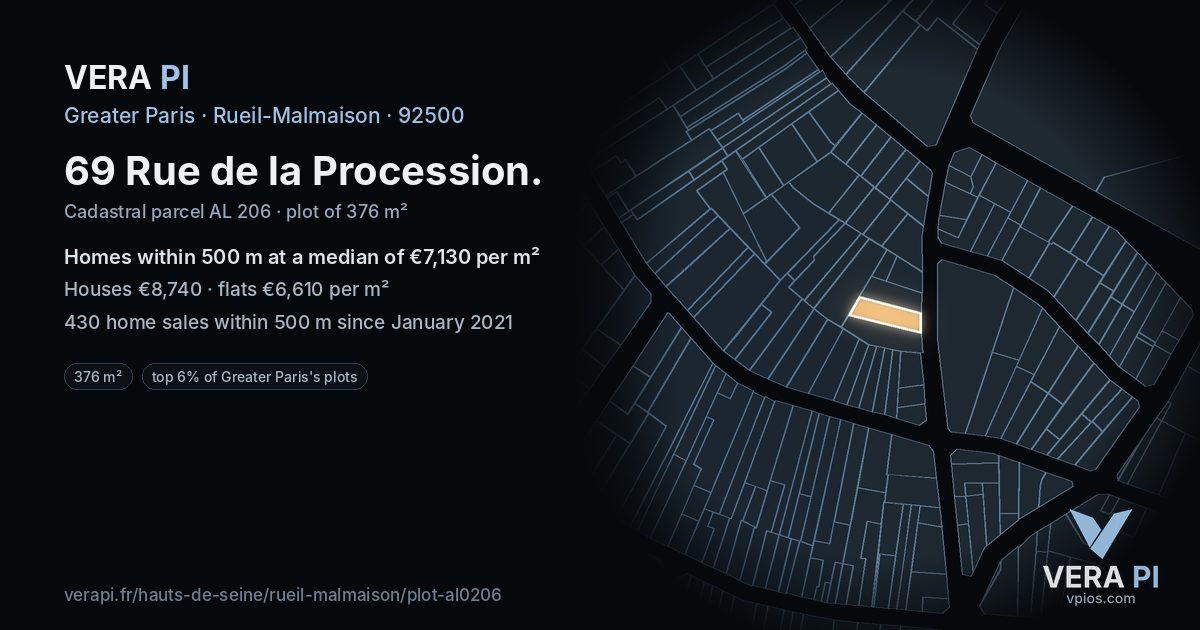 69 Rue de la Procession, Rueil-Malmaison at night – the plot lit, the parcels around coloured by the prices near them