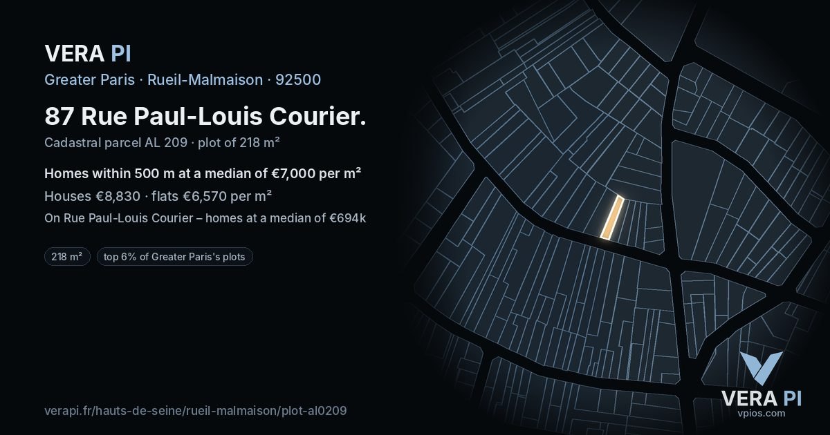 87 Rue Paul-Louis Courier, Rueil-Malmaison at night – the plot lit, the parcels around coloured by the prices near them