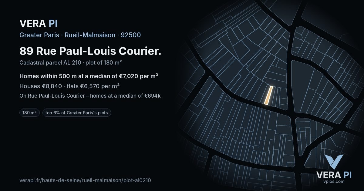 89 Rue Paul-Louis Courier, Rueil-Malmaison at night – the plot lit, the parcels around coloured by the prices near them
