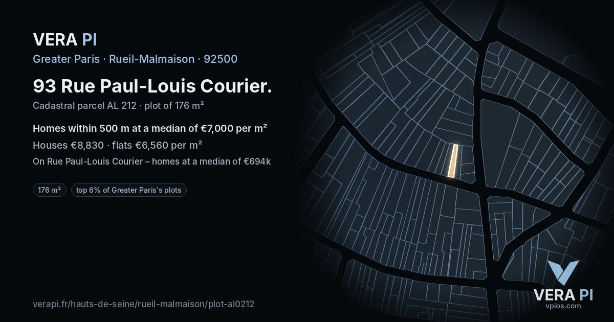 93 Rue Paul-Louis Courier, Rueil-Malmaison at night – the plot lit, the parcels around coloured by the prices near them