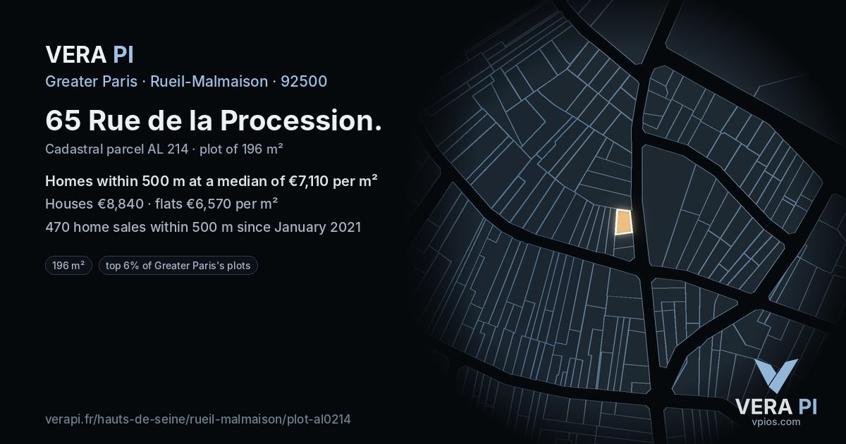 65 Rue de la Procession, Rueil-Malmaison at night – the plot lit, the parcels around coloured by the prices near them