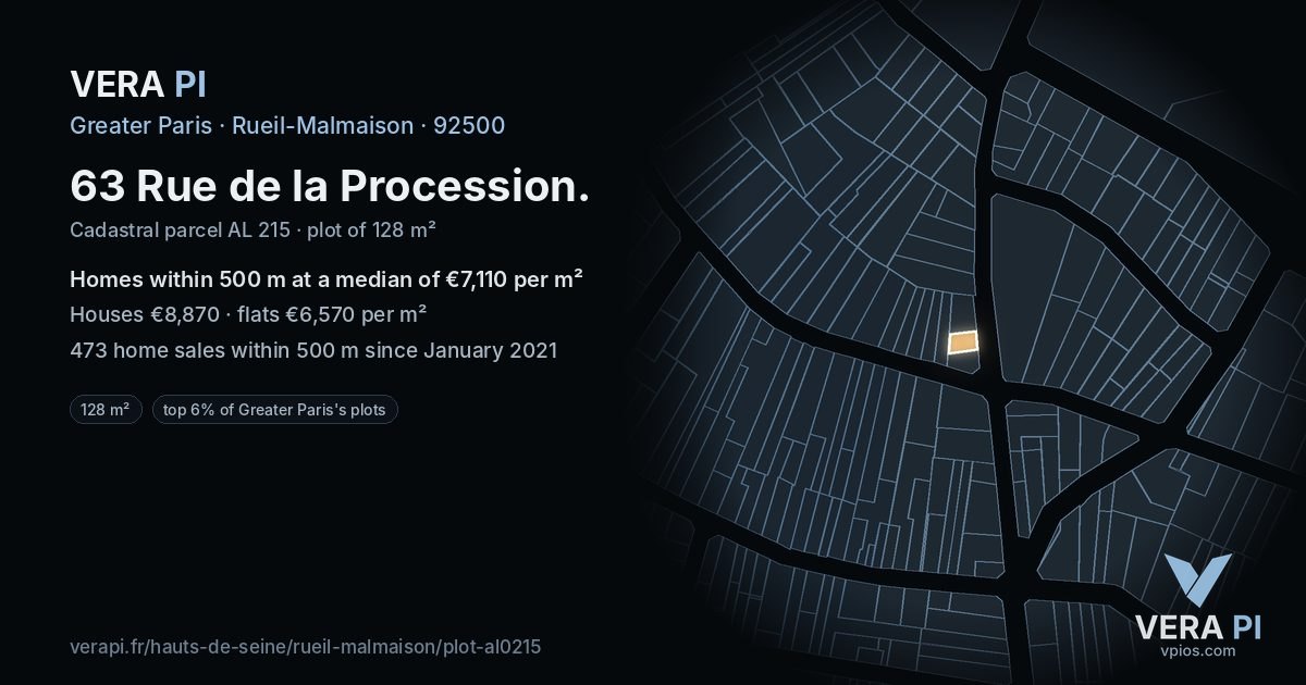 63 Rue de la Procession, Rueil-Malmaison at night – the plot lit, the parcels around coloured by the prices near them