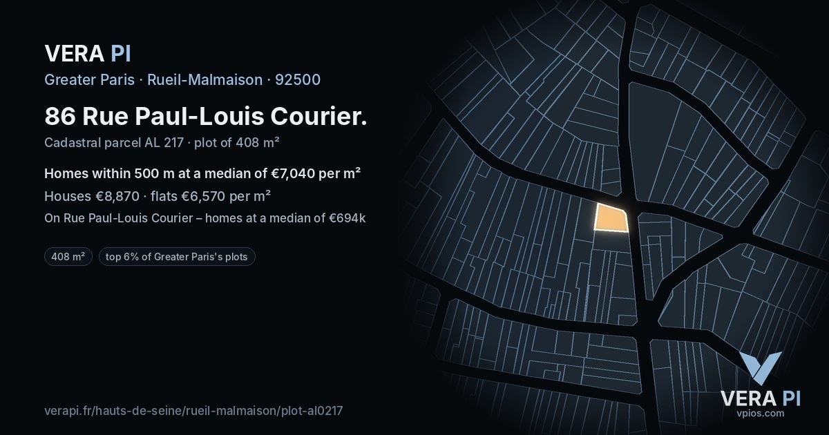 86 Rue Paul-Louis Courier, Rueil-Malmaison at night – the plot lit, the parcels around coloured by the prices near them