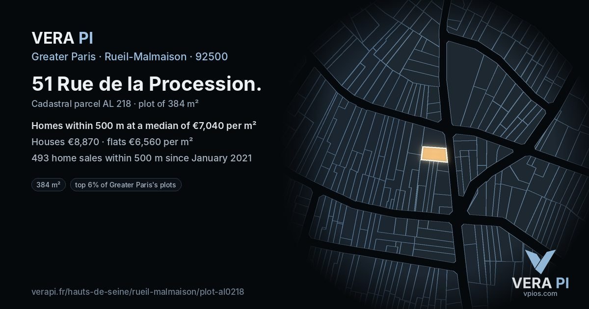 51 Rue de la Procession, Rueil-Malmaison at night – the plot lit, the parcels around coloured by the prices near them