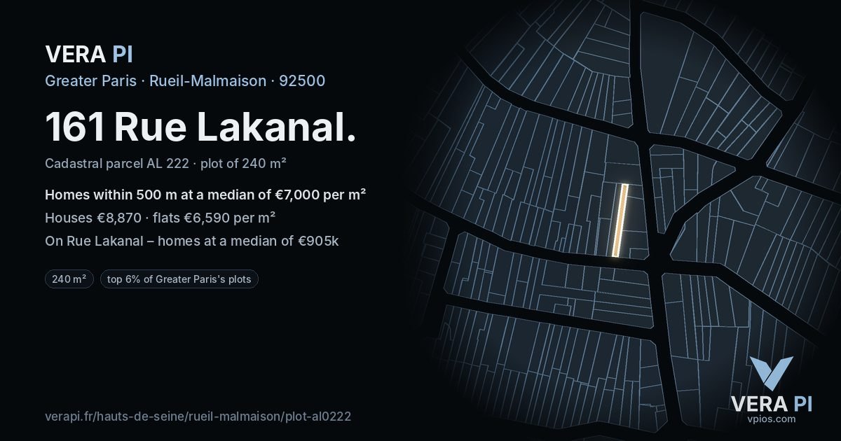 161 Rue Lakanal, Rueil-Malmaison at night – the plot lit, the parcels around coloured by the prices near them