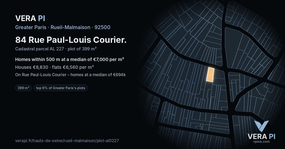 84 Rue Paul-Louis Courier, Rueil-Malmaison at night – the plot lit, the parcels around coloured by the prices near them