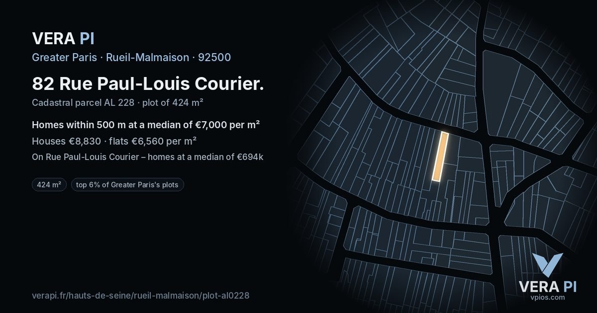 82 Rue Paul-Louis Courier, Rueil-Malmaison at night – the plot lit, the parcels around coloured by the prices near them