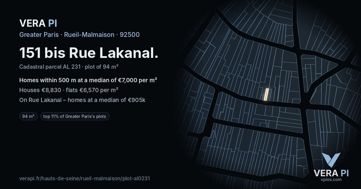 151 bis Rue Lakanal, Rueil-Malmaison at night – the plot lit, the parcels around coloured by the prices near them