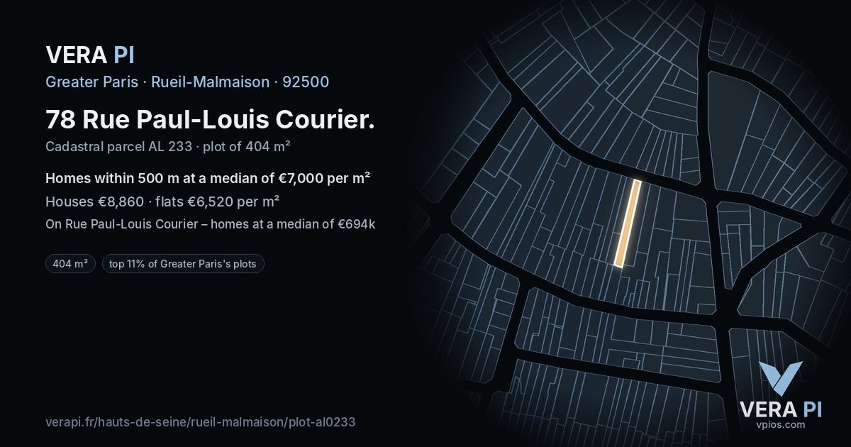 78 Rue Paul-Louis Courier, Rueil-Malmaison at night – the plot lit, the parcels around coloured by the prices near them