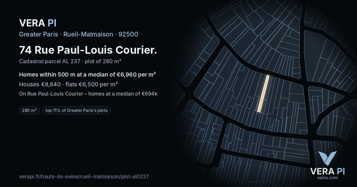 74 Rue Paul-Louis Courier, Rueil-Malmaison at night – the plot lit, the parcels around coloured by the prices near them
