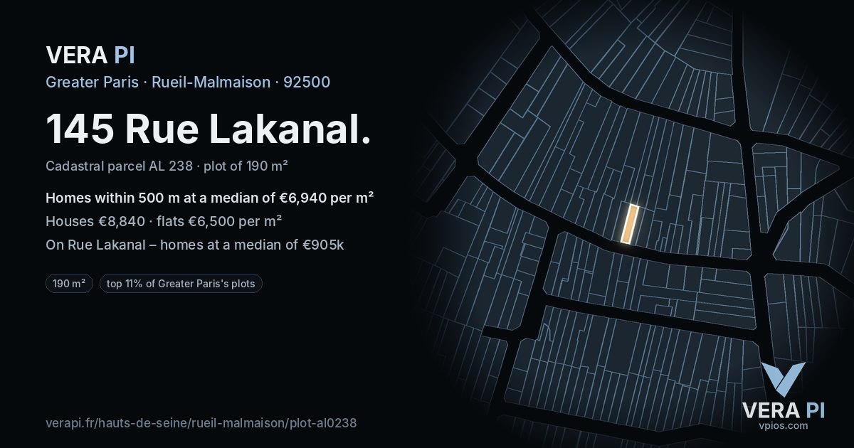 145 Rue Lakanal, Rueil-Malmaison at night – the plot lit, the parcels around coloured by the prices near them
