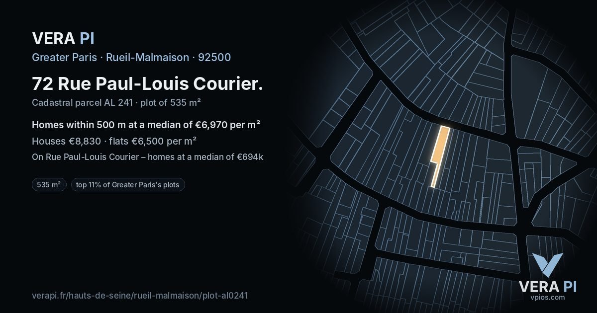 72 Rue Paul-Louis Courier, Rueil-Malmaison at night – the plot lit, the parcels around coloured by the prices near them
