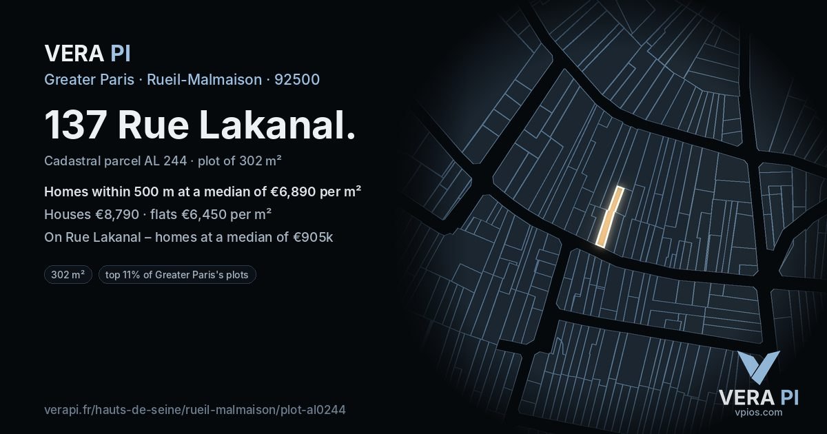 137 Rue Lakanal, Rueil-Malmaison at night – the plot lit, the parcels around coloured by the prices near them