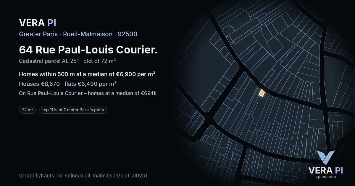 64 Rue Paul-Louis Courier, Rueil-Malmaison at night – the plot lit, the parcels around coloured by the prices near them