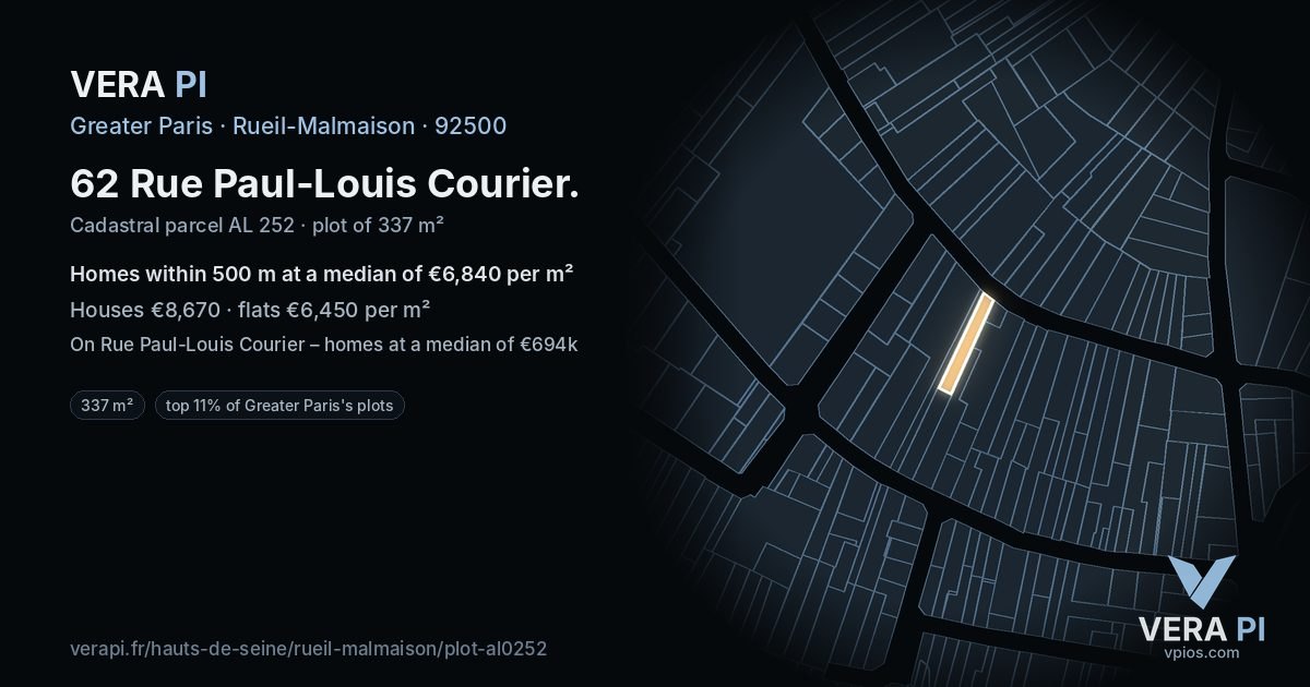 62 Rue Paul-Louis Courier, Rueil-Malmaison at night – the plot lit, the parcels around coloured by the prices near them