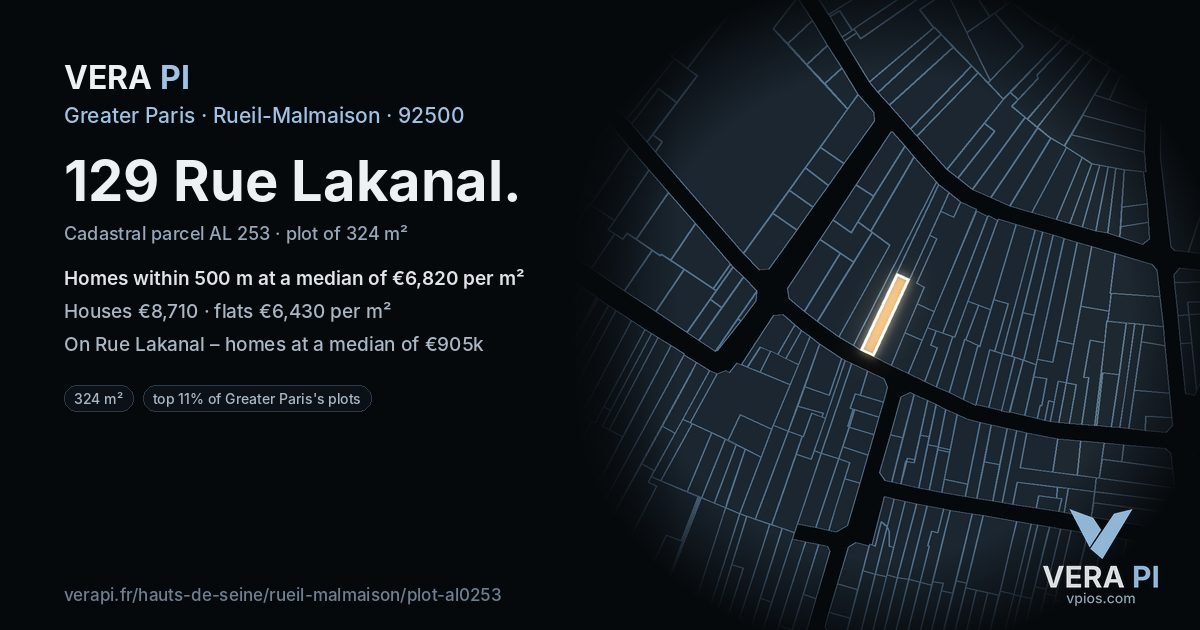 129 Rue Lakanal, Rueil-Malmaison at night – the plot lit, the parcels around coloured by the prices near them