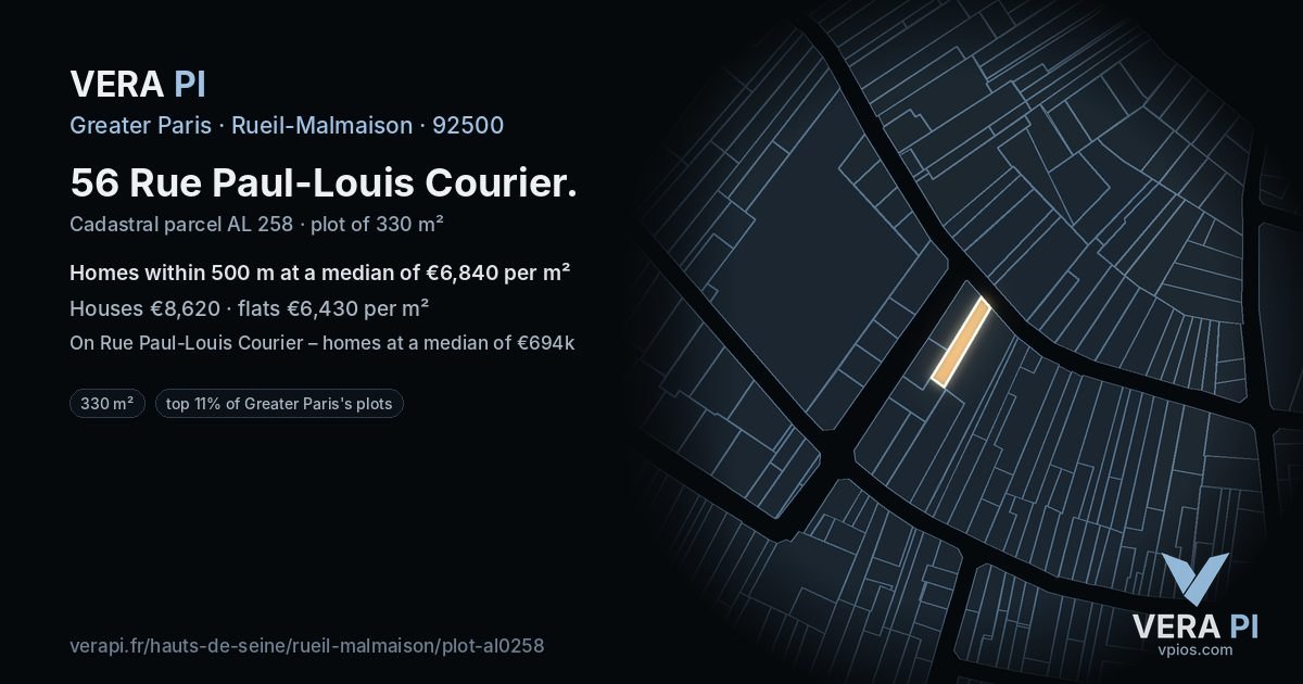 56 Rue Paul-Louis Courier, Rueil-Malmaison at night – the plot lit, the parcels around coloured by the prices near them