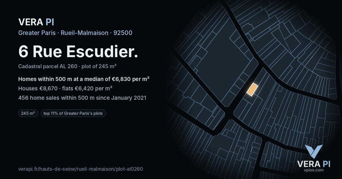 6 Rue Escudier, Rueil-Malmaison at night – the plot lit, the parcels around coloured by the prices near them