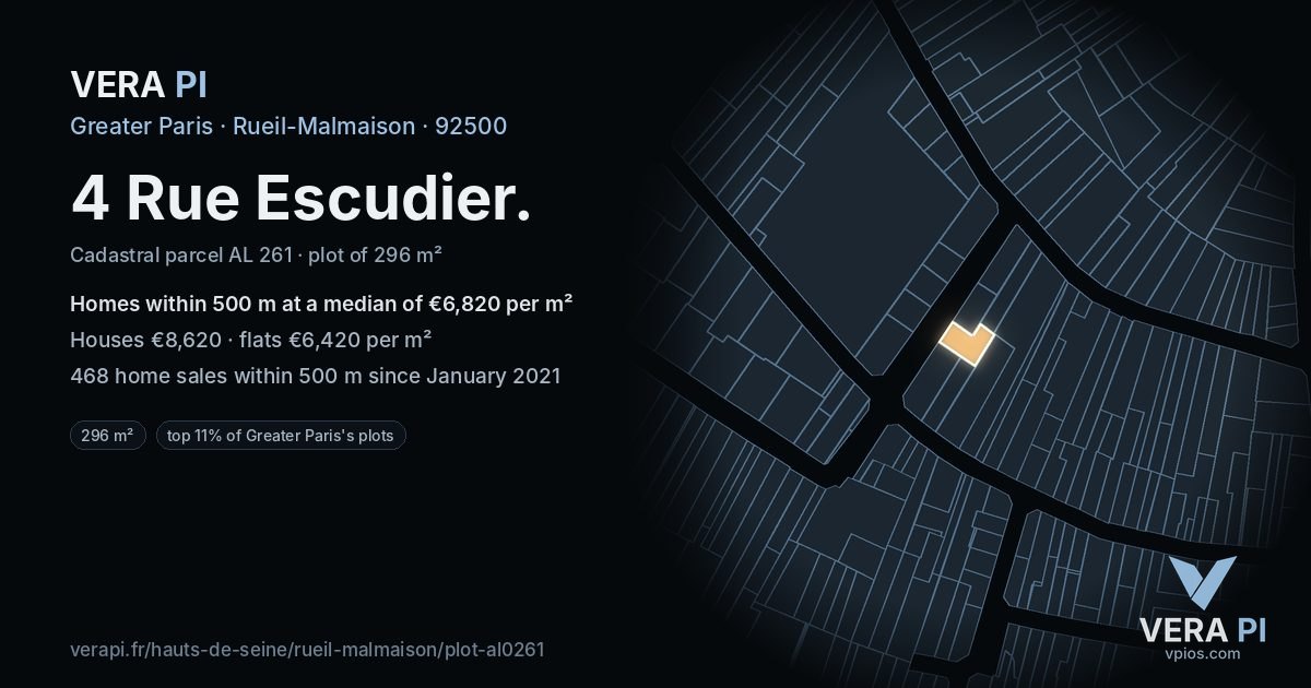 4 Rue Escudier, Rueil-Malmaison at night – the plot lit, the parcels around coloured by the prices near them