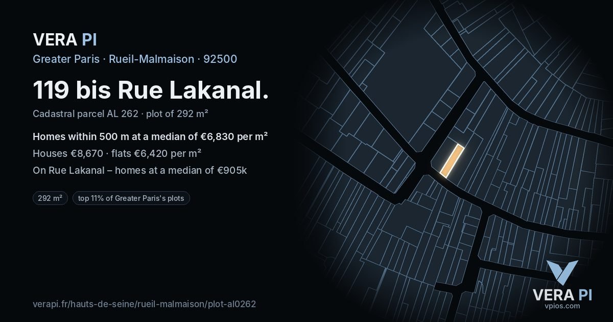 119 bis Rue Lakanal, Rueil-Malmaison at night – the plot lit, the parcels around coloured by the prices near them