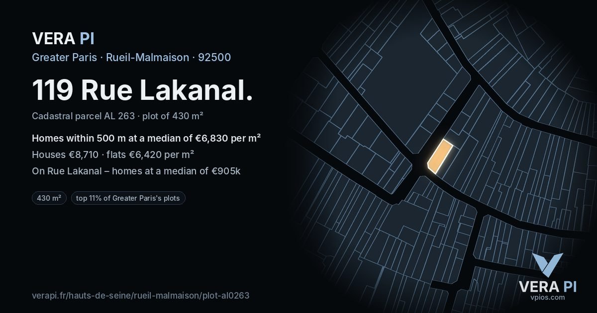 119 Rue Lakanal, Rueil-Malmaison at night – the plot lit, the parcels around coloured by the prices near them