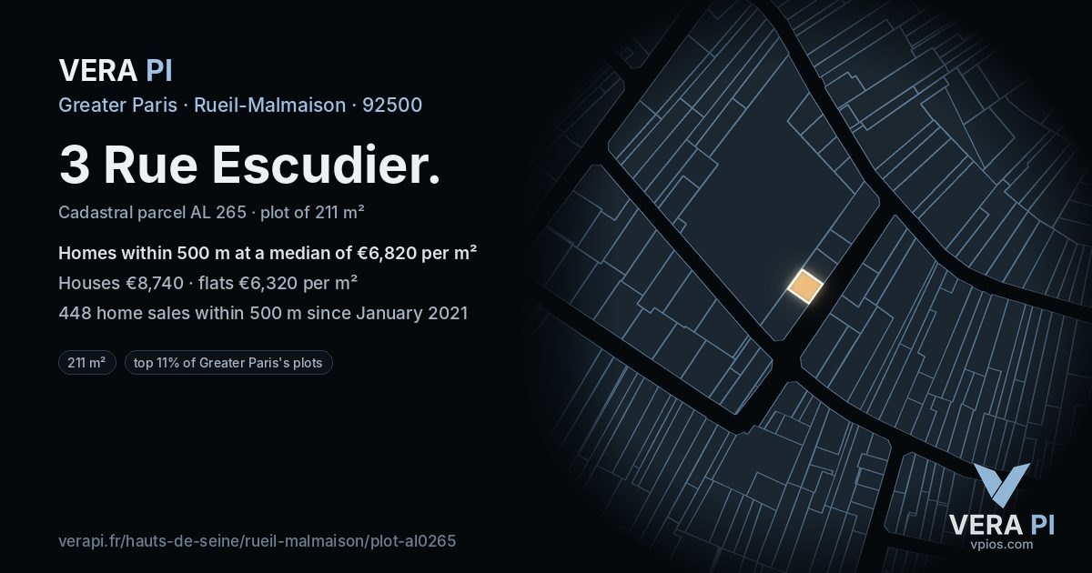 3 Rue Escudier, Rueil-Malmaison at night – the plot lit, the parcels around coloured by the prices near them