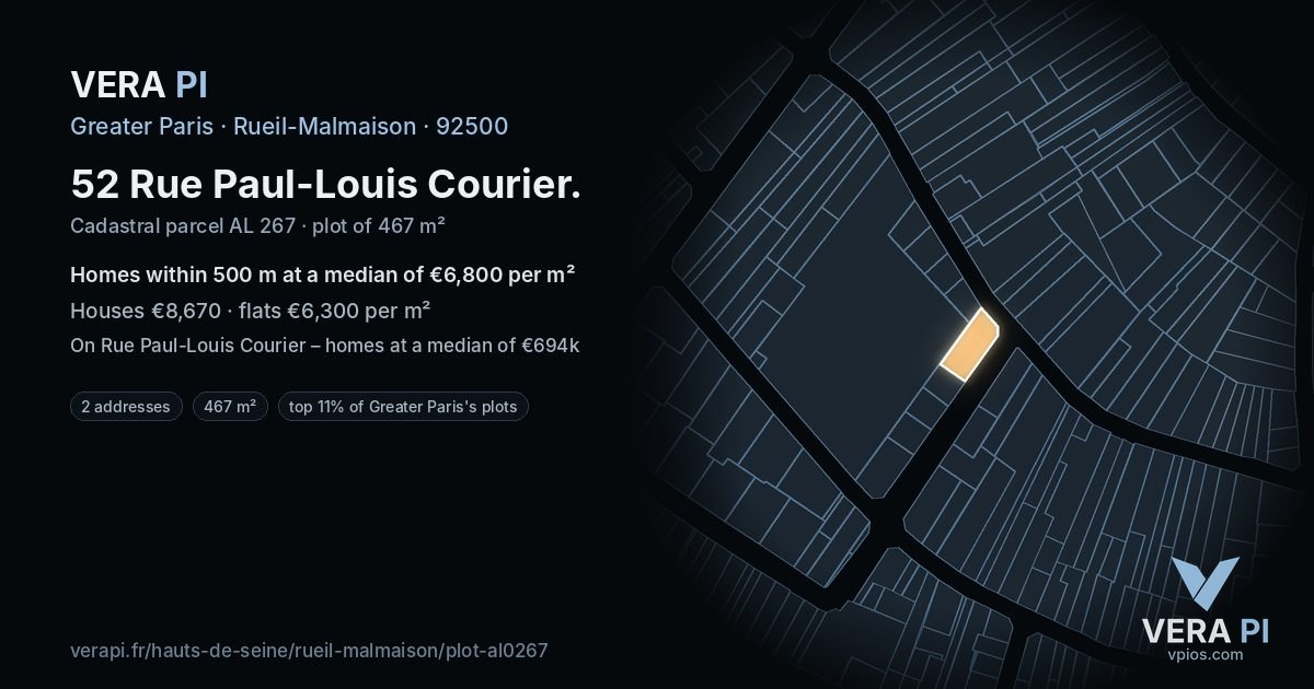 52 Rue Paul-Louis Courier, Rueil-Malmaison at night – the plot lit, the parcels around coloured by the prices near them