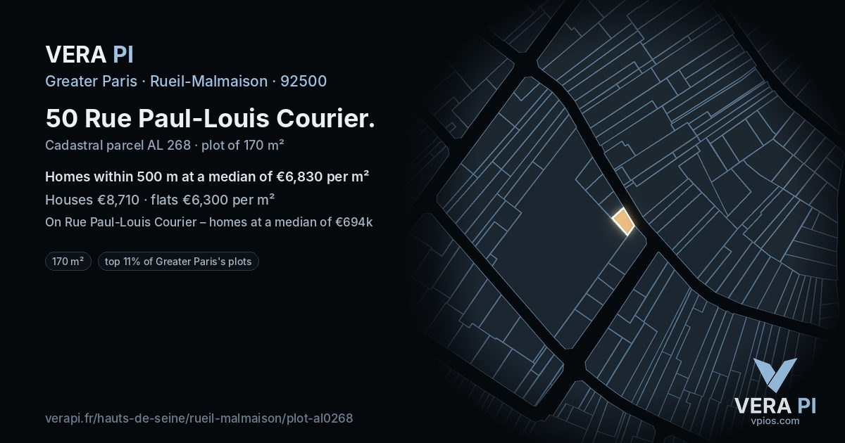 50 Rue Paul-Louis Courier, Rueil-Malmaison at night – the plot lit, the parcels around coloured by the prices near them