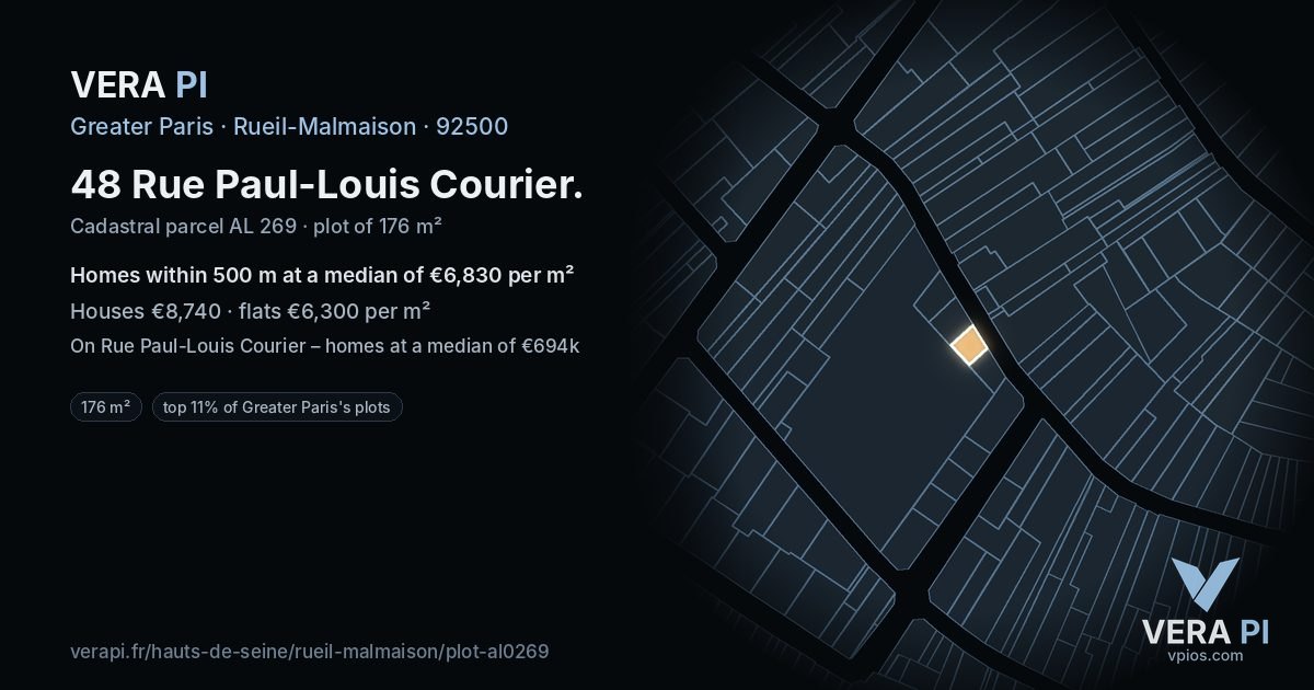 48 Rue Paul-Louis Courier, Rueil-Malmaison at night – the plot lit, the parcels around coloured by the prices near them