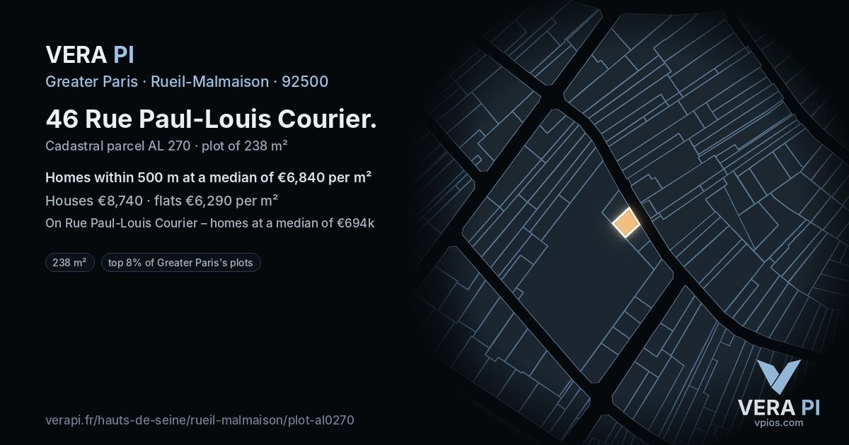 46 Rue Paul-Louis Courier, Rueil-Malmaison at night – the plot lit, the parcels around coloured by the prices near them