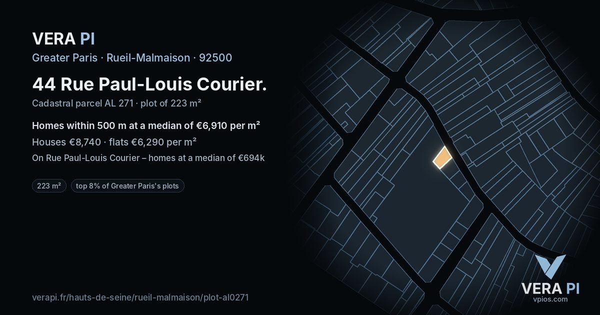 44 Rue Paul-Louis Courier, Rueil-Malmaison at night – the plot lit, the parcels around coloured by the prices near them