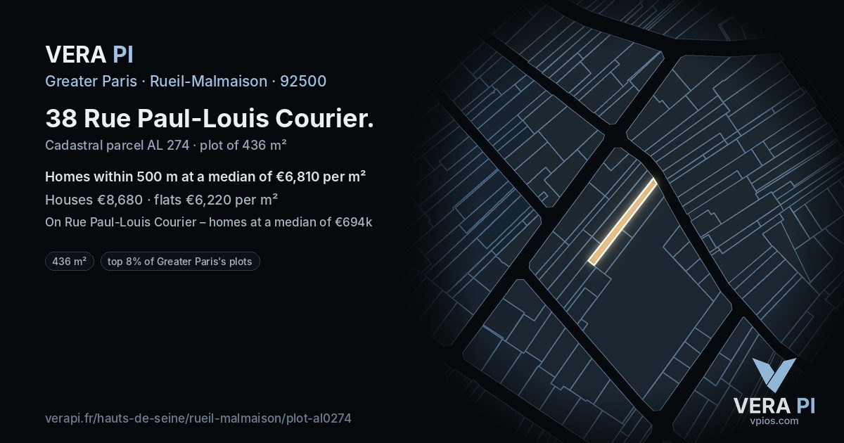 38 Rue Paul-Louis Courier, Rueil-Malmaison at night – the plot lit, the parcels around coloured by the prices near them