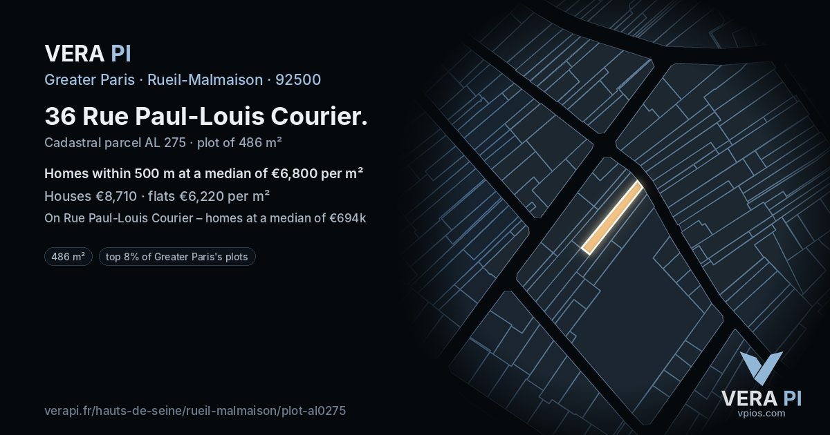 36 Rue Paul-Louis Courier, Rueil-Malmaison at night – the plot lit, the parcels around coloured by the prices near them