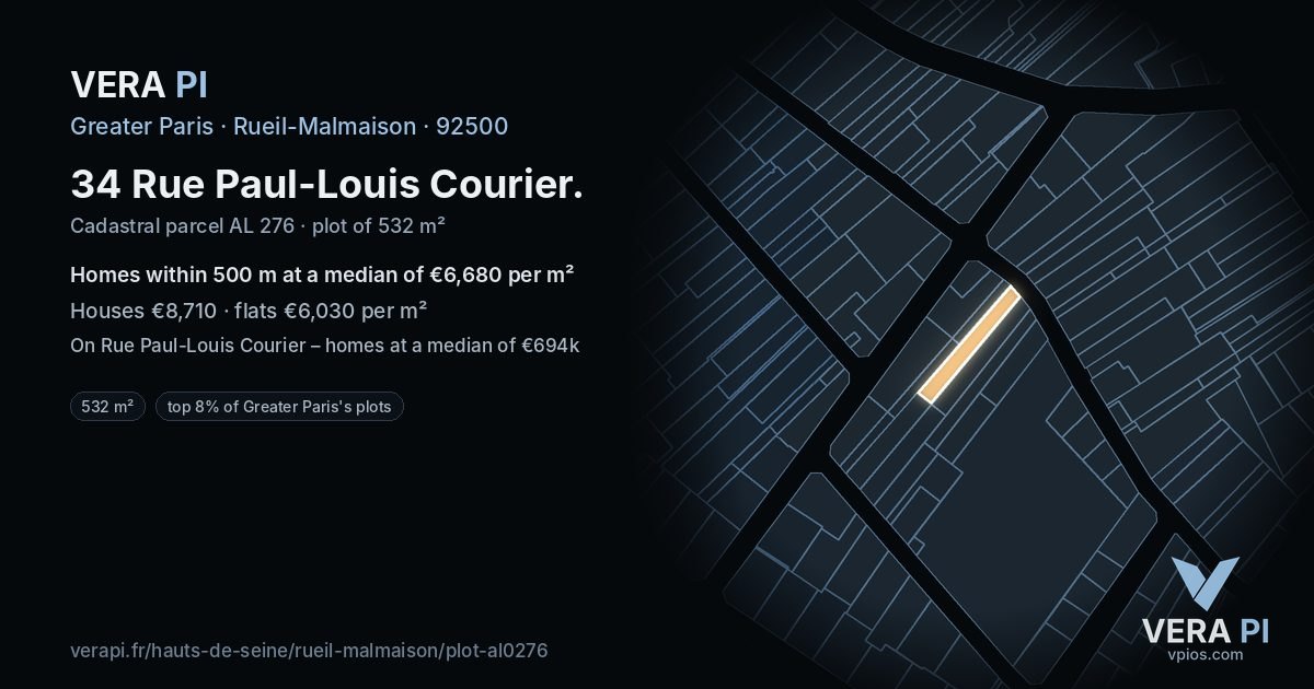 34 Rue Paul-Louis Courier, Rueil-Malmaison at night – the plot lit, the parcels around coloured by the prices near them