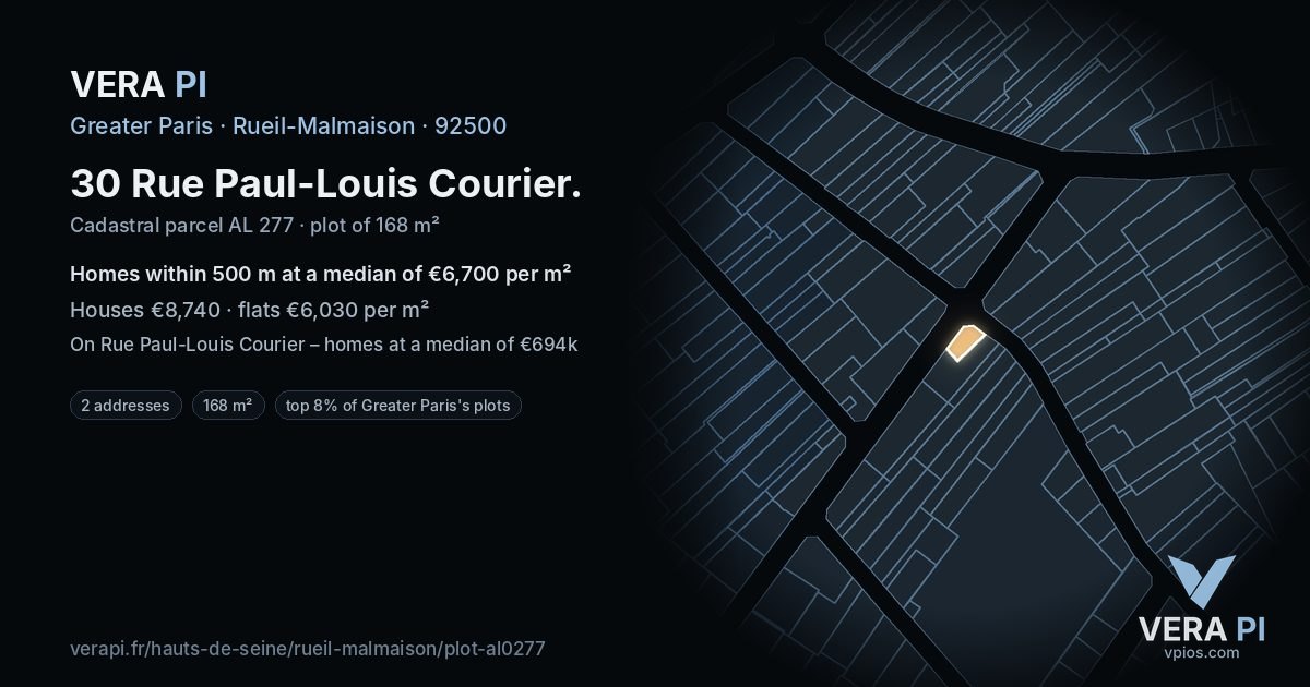 30 Rue Paul-Louis Courier, Rueil-Malmaison at night – the plot lit, the parcels around coloured by the prices near them