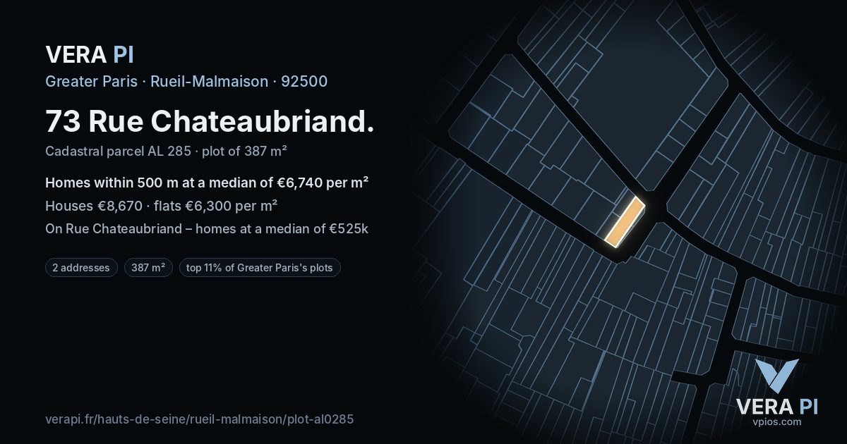 73 Rue Chateaubriand, Rueil-Malmaison at night – the plot lit, the parcels around coloured by the prices near them
