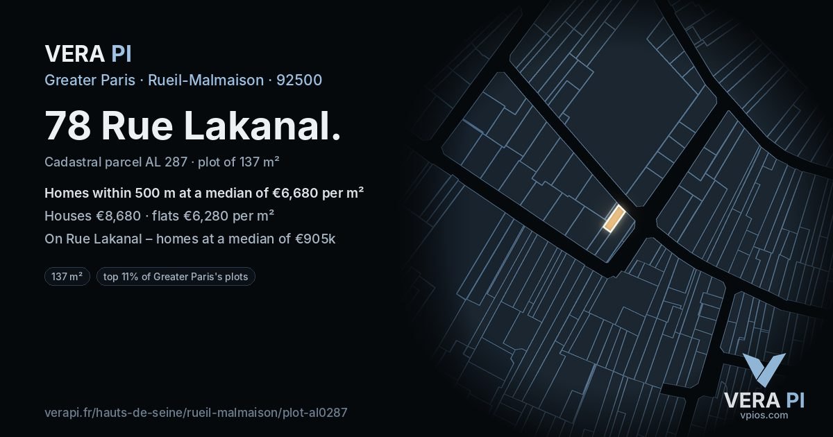 78 Rue Lakanal, Rueil-Malmaison at night – the plot lit, the parcels around coloured by the prices near them