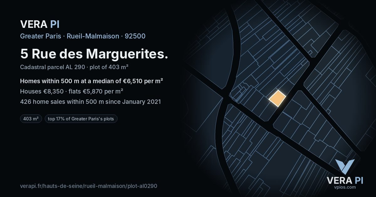 5 Rue des Marguerites, Rueil-Malmaison at night – the plot lit, the parcels around coloured by the prices near them