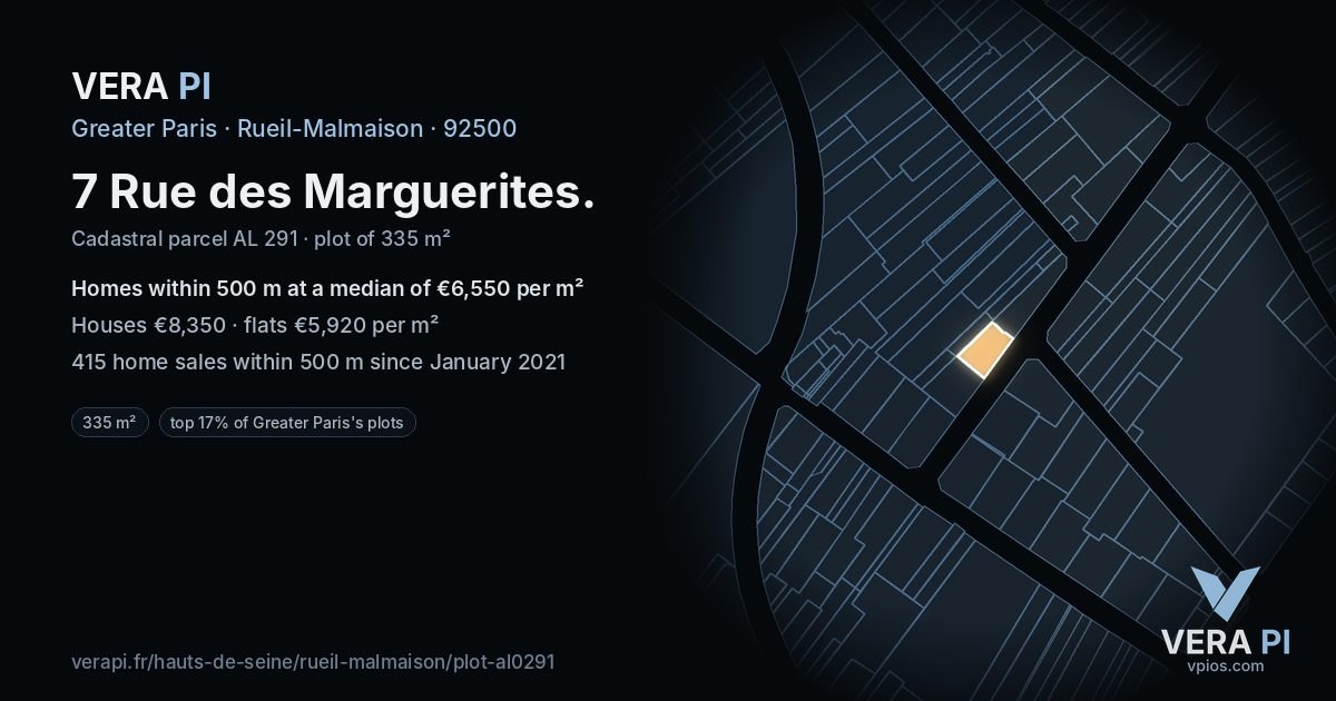 7 Rue des Marguerites, Rueil-Malmaison at night – the plot lit, the parcels around coloured by the prices near them