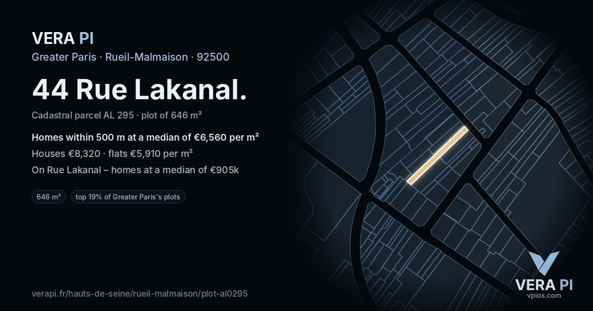 44 Rue Lakanal, Rueil-Malmaison at night – the plot lit, the parcels around coloured by the prices near them