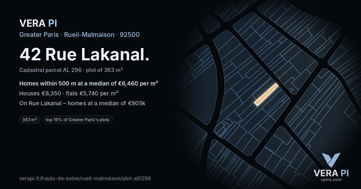 42 Rue Lakanal, Rueil-Malmaison at night – the plot lit, the parcels around coloured by the prices near them