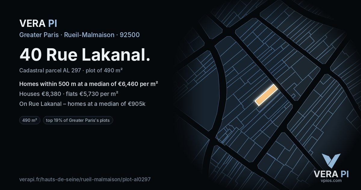 40 Rue Lakanal, Rueil-Malmaison at night – the plot lit, the parcels around coloured by the prices near them