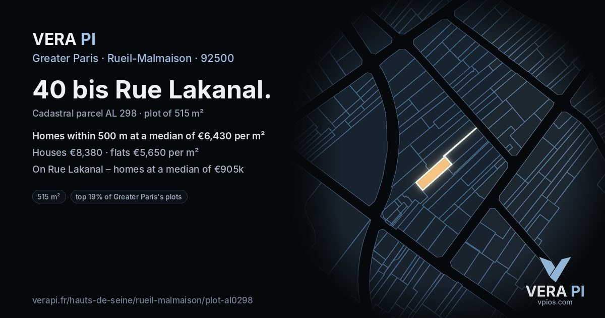 40 bis Rue Lakanal, Rueil-Malmaison at night – the plot lit, the parcels around coloured by the prices near them