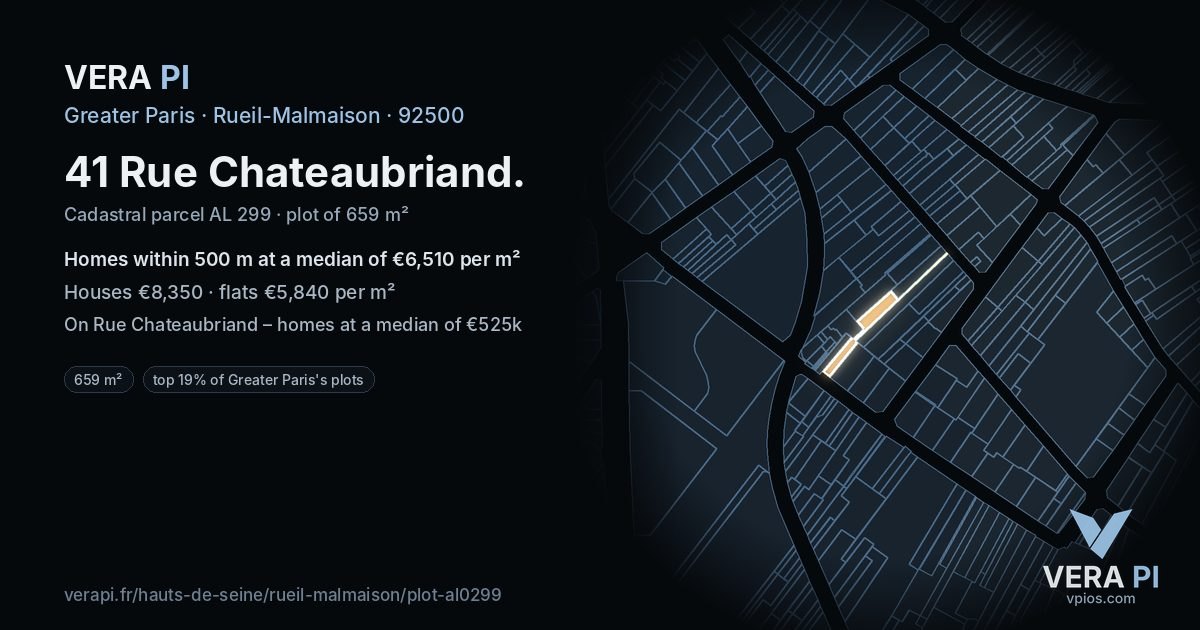 41 Rue Chateaubriand, Rueil-Malmaison at night – the plot lit, the parcels around coloured by the prices near them